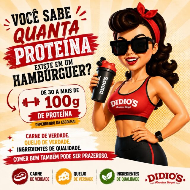 🍔 VOCÊ SABIA QUE UM HAMBÚRGUER PODE TER MAIS DE 100G DE PROTEÍNA?

Quem ainda acha que hambúrguer é só “junk food” provavelmente nunca conheceu um Didio’s.

Aqui, cada hambúrguer é preparado com carne 100% bovina, queijos de verdade e ingredientes selecionados. O resultado é muito mais do que sabor: é uma refeição rica em proteína.

💪 Confira a quantidade aproximada de proteína em alguns dos nossos burgers:

🥩 Kids → ~18g
🥩 Tarantino → ~39g
🥩 Psicose → ~42g
🥩 Didio’s Burger → ~54g
🥩 Al Pacino → ~58g
🥩 Laranja Mecânica → ~61g
🥩 Kill Bill → ~78g
🥩 Machete → ~82g
🥩 Rambo → ~98g
🥩 Exterminador → ~105g
🥩 Godzilla → ~112g

Comer bem não precisa ser sem graça.

Quando você escolhe ingredientes de qualidade, carne de verdade e um hambúrguer feito com padrão, o sabor e a nutrição andam juntos.

🍔 Na Didio’s, a gente não vende apenas hambúrguer. Entregamos uma experiência que mata a fome sem abrir mão da qualidade.

A fome pode diminuir. Seu padrão não. 💚

📲 Peça pelo nosso cardápio digital ou venha viver essa experiência no nosso salão.

Valores de proteína aproximados por unidade. Podem ocorrer pequenas variações conforme o preparo e os ingredientes.

#DidiosBurger #HighProtein #BurgerLovers #HamburguerArtesanal #CarneDeVerdade