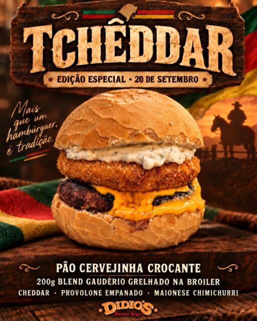 Bah, tchê… olha o que preparamos para celebrar o **20 de Setembro**! 🧉🔥
Pão cervejinha crocante, 200g de blend gaudério grelhado na Broiler, cheddar derretendo, provolone empanado, molho barbecue e maionese chimichurri. Esse é o **Tchêddar** — uma baita homenagem aos sabores da nossa terra!
Disponível neste sábado e domingo, EXCLUSIVAMENTE em nosso cardápio digital. Te aprochega e experimenta!
👉 app.cardapioweb.com/didios_burger